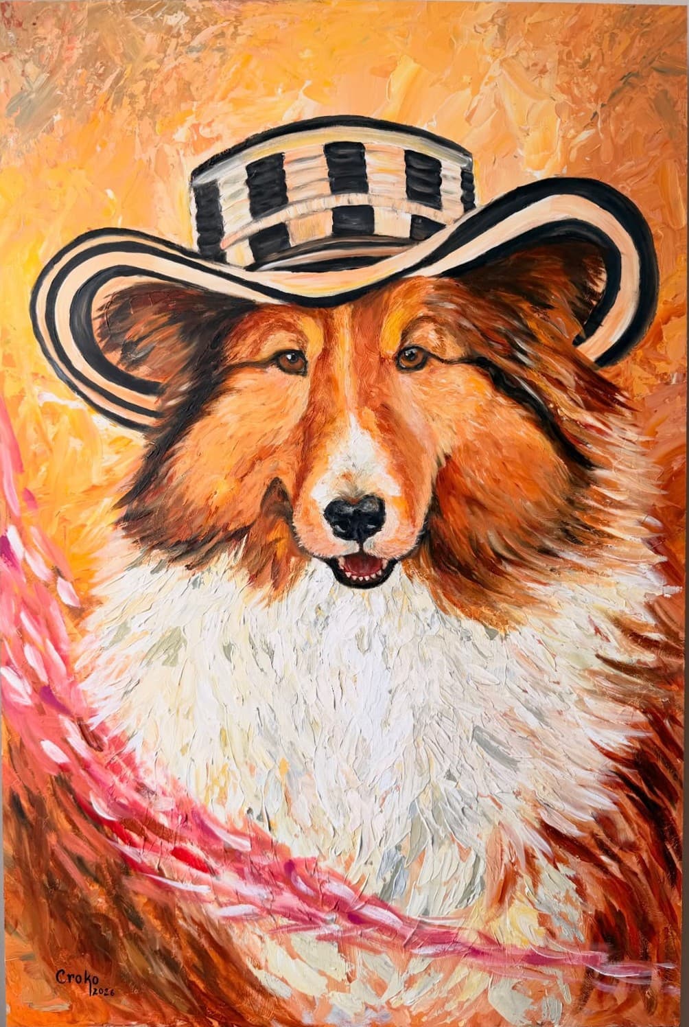 Cuadro de perro pastor de Shetland con sombrero vueltiao, pintado a mano en impasto sobre fondo naranja